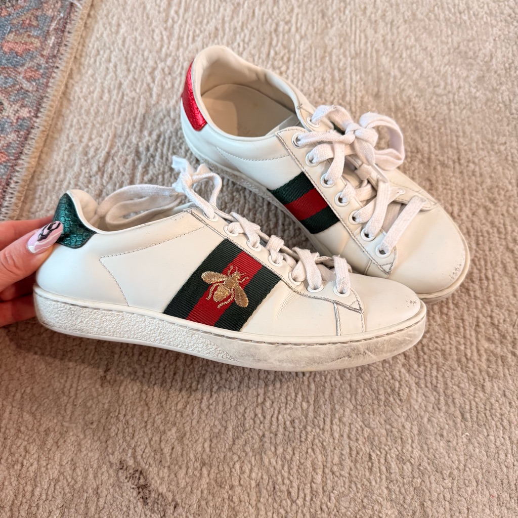 Gucci Leather Sneakers With Red & Green Stripe And Gold Bee Embroidery, Size 34